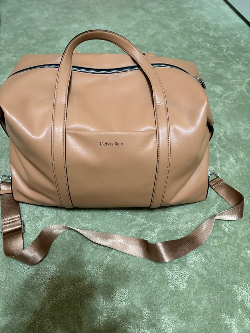 New Calvin Klein Camel Tan Smooth Leather-Style Duffel Bag